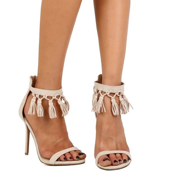 Wild Diva Open Toe Tassel Ankle Strap Vegan Suede Single Band Stiletto Sandal - Picture 3 of 3